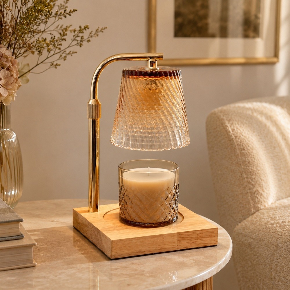 Electric Candle Warmer Lamp Amber Glass Shade Oak Wood Base Dimmable with Timer